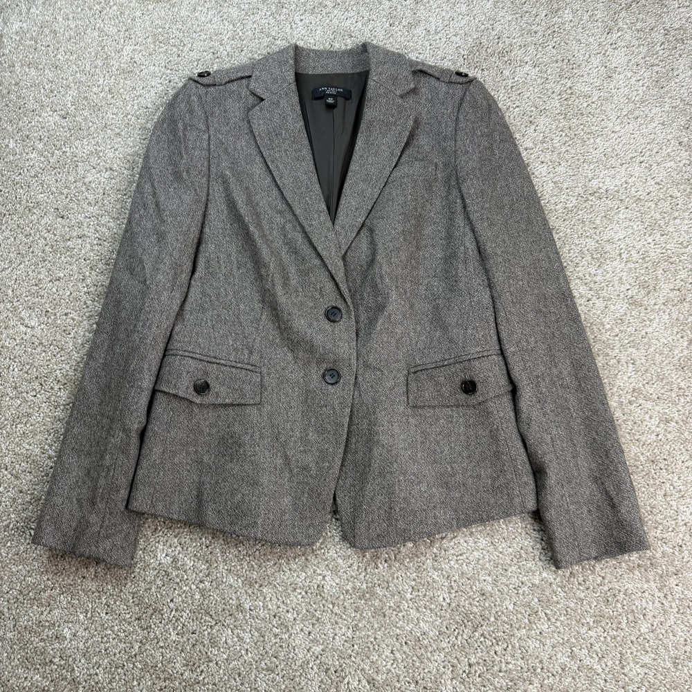 Ann Taylor Blazer Womens 4P Petite Gray Herringbone Wool Blend Jacket Office